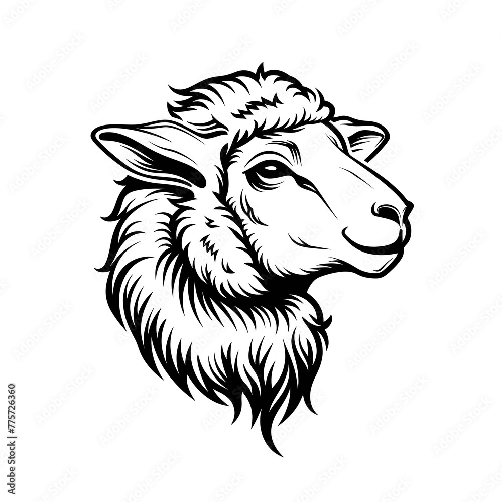 Black and white illustration of a goat's head in a line art style.