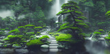Japanese garden with black Stones and Bonsai Trees - Waterfall Panorama
