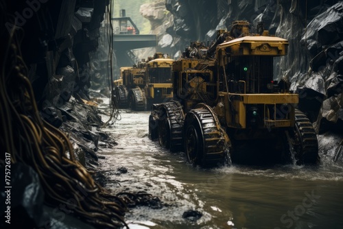 A group of large yellow tractors driving through a river  splashing water as they move forward. The tractors appear to be on a task  possibly related to oil extraction