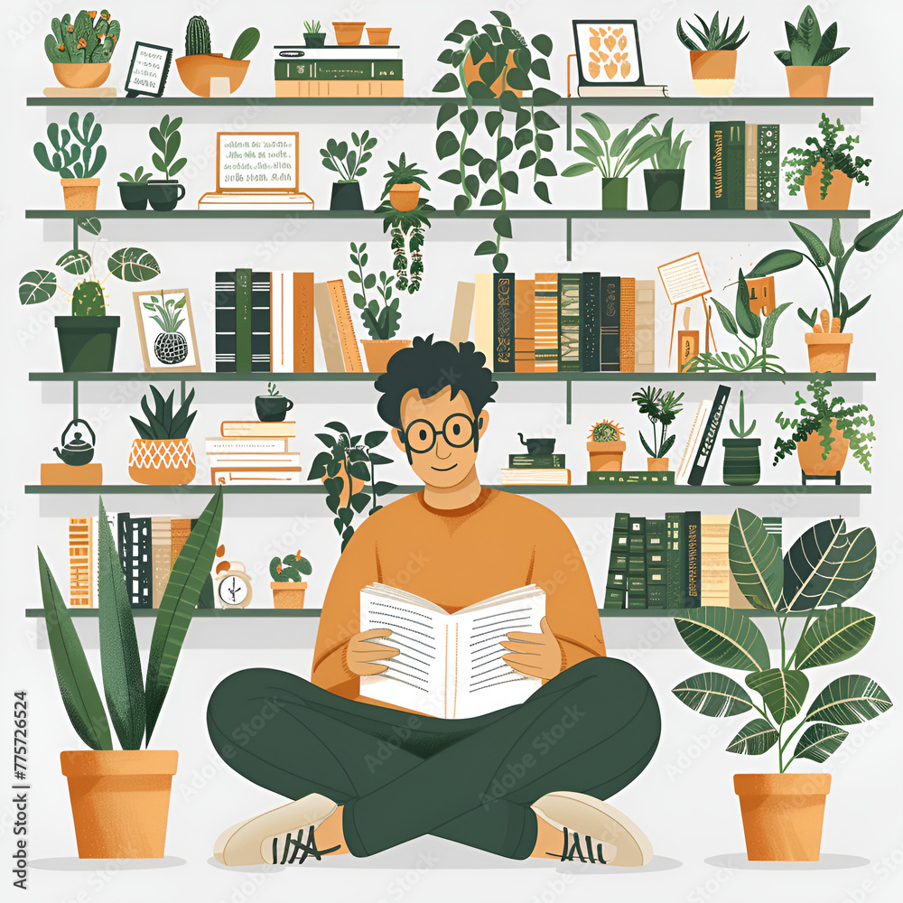 Illustration of a person reading a book surrounded by plants and bookshelves. Illustration of a person reading a book surrounded by plants and bookshelves.