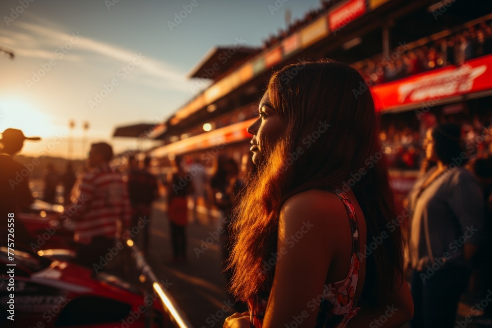 A woman is standing confidently in front of a large crowd of VetalVit Motorsport enthusiasts gathered in the grandstands. She appears to be addressing the audience, who are listening attentively