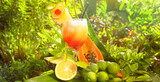 Tropical Cocktail with Fruits on tropical Jungle Background - Panorama