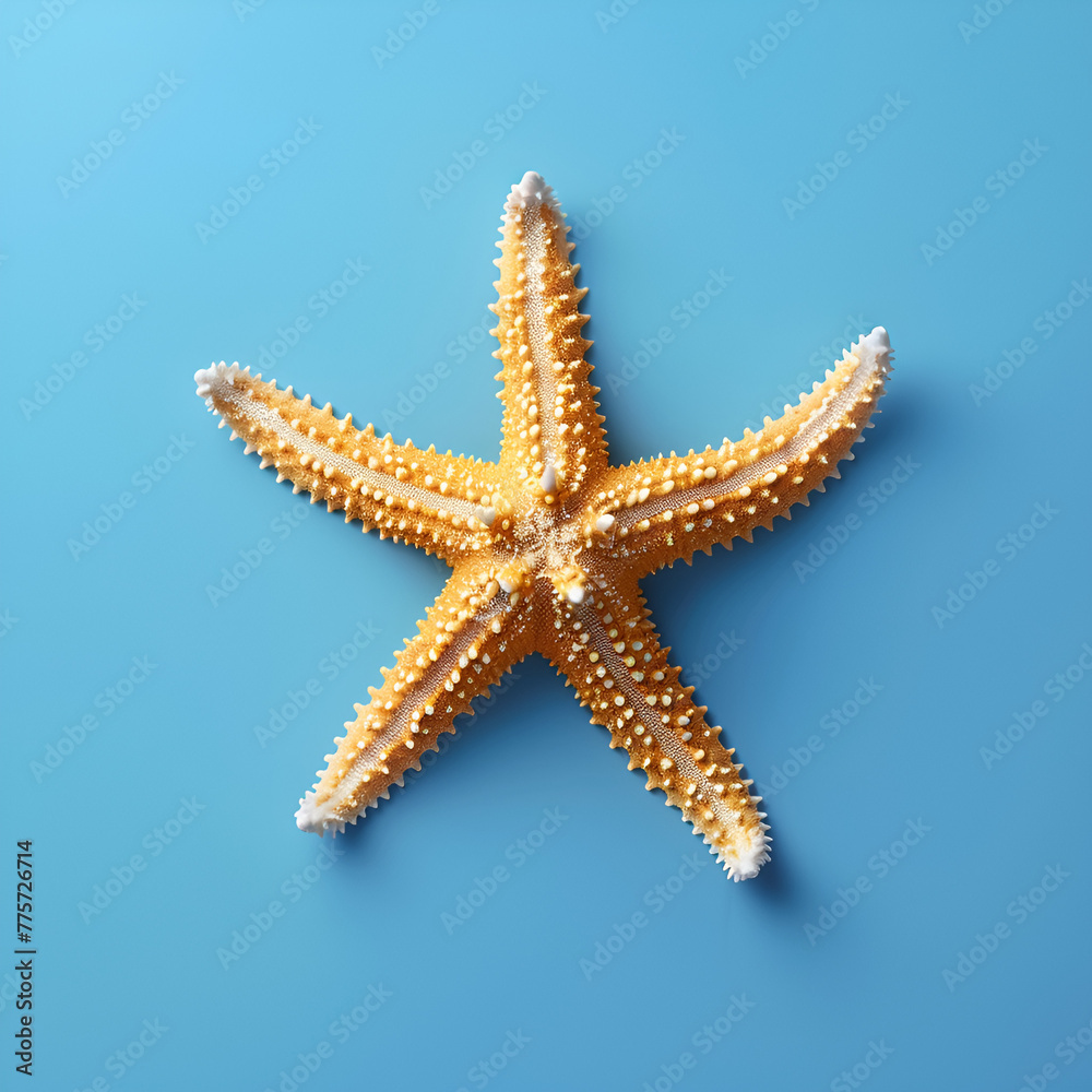 A single starfish centered on a solid blue background. A single starfish centered on a solid blue background.
