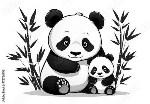 Panda bear with her baby in the bamboo forest. Vector illustration. isolated background