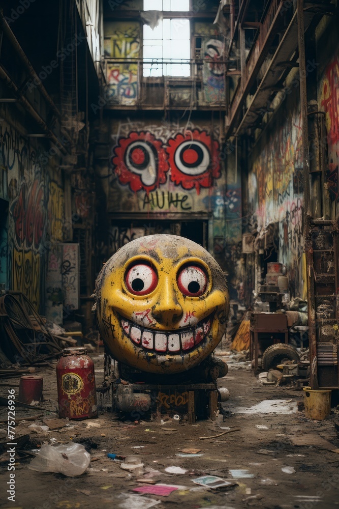 A spooky face painted on a decaying wall inside a run-down building, evoking a sense of unease and mystery. The graffiti art appears to depict symbols associated with gang culture