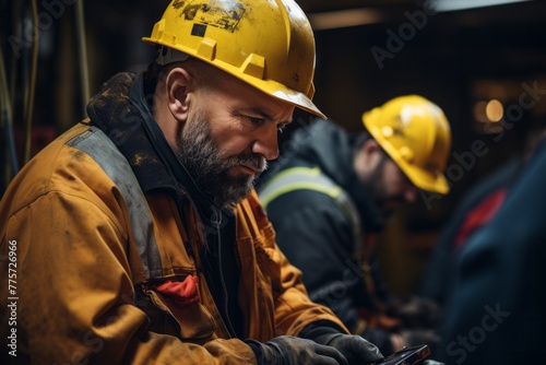A man wearing a yellow hard hat is focused on a cell phone, likely monitoring pressure levels during drilling operations. He appears to be checking vital information on the device