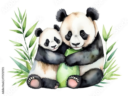 Cute panda family sitting on the grass. Watercolor illustration. isolated background photo