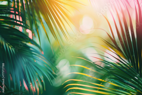 Palm tree leaves framing a tropical scenery. Slide background image. Created with Generative AI technology.