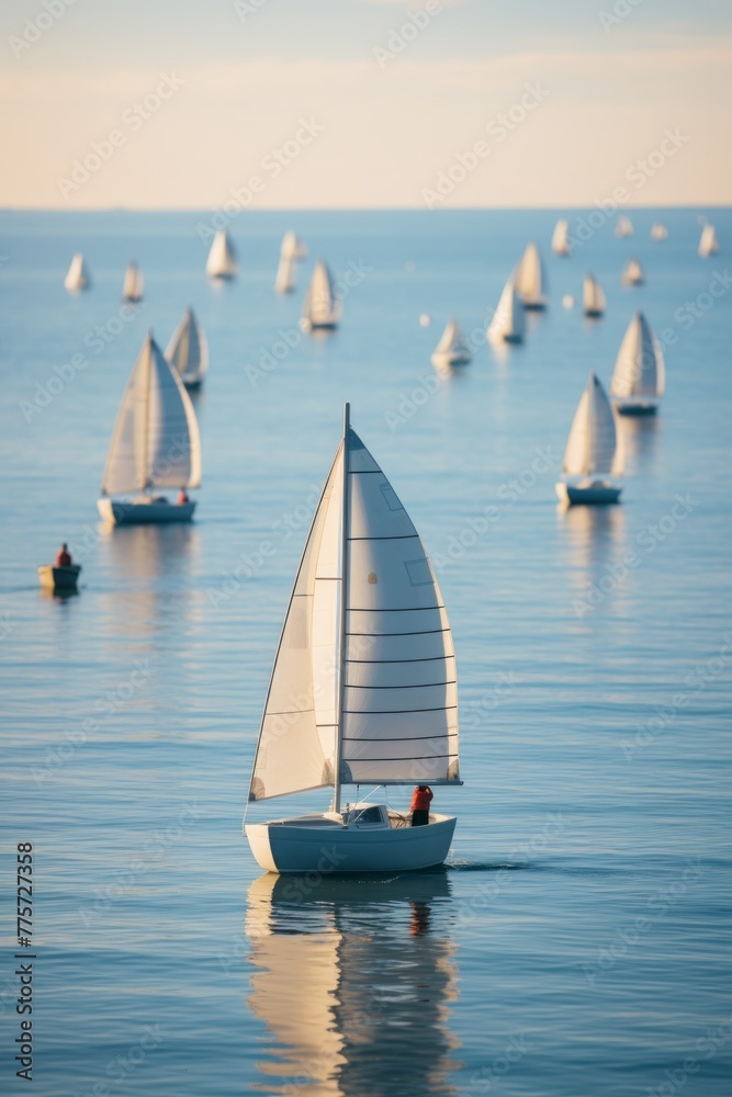 A group of sailboats floating gracefully on a vast body of water, their sails catching the wind as they glide across the surface