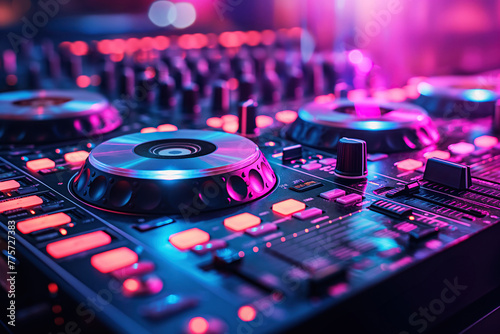 console DJ mixer with turntable in nightclub in booth © alexkoral