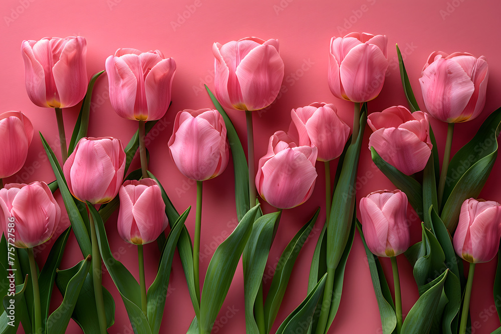 Pink tulips arranged in a row on a soft pink background. Springtime and floral design concept for greeting cards and backgrounds