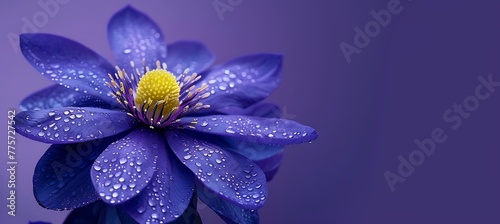 A blue flower with dew drops on its petals, set against a deep purple background photo