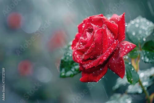 Red tea rose in raindrops on a blurred natural background