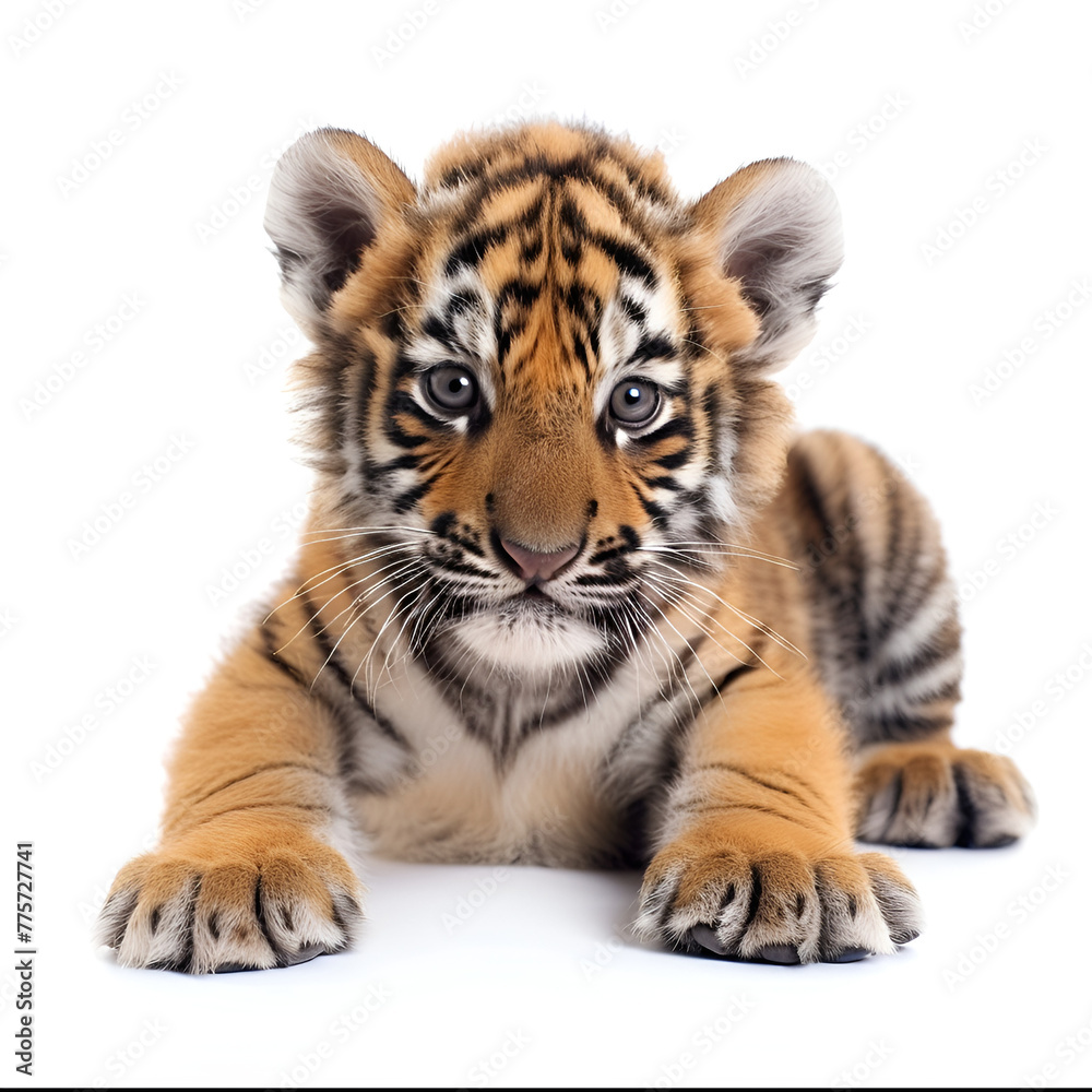 A cute tiger cub with striking eyes lying down and facing the camera on a white background.