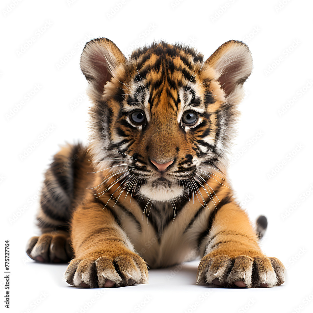 A cute tiger cub lying down, looking at the camera with striking eyes.