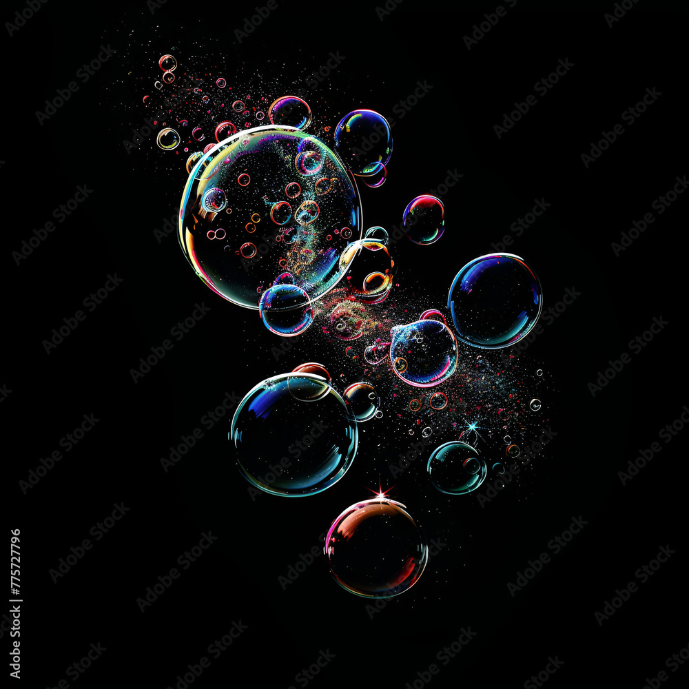 Colorful soap bubbles floating against a black background with a cosmic feel.