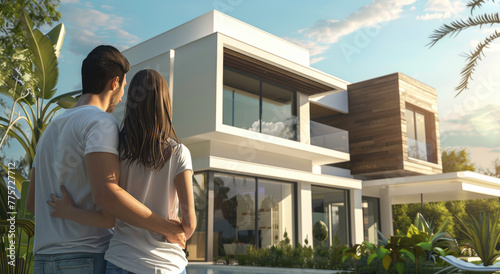 A young couple looks at their new modern house with a big garden