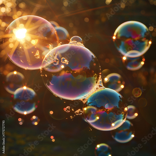 Glistening soap bubbles floating with sun reflections and bokeh effects.