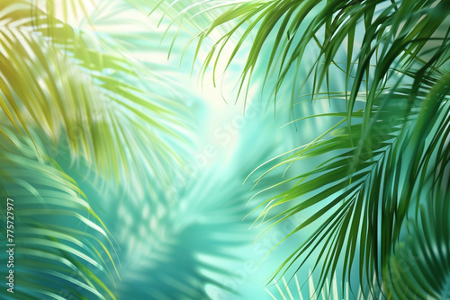 Palm tree leaves framing a tropical background. Created with Generative AI technology. © Artem