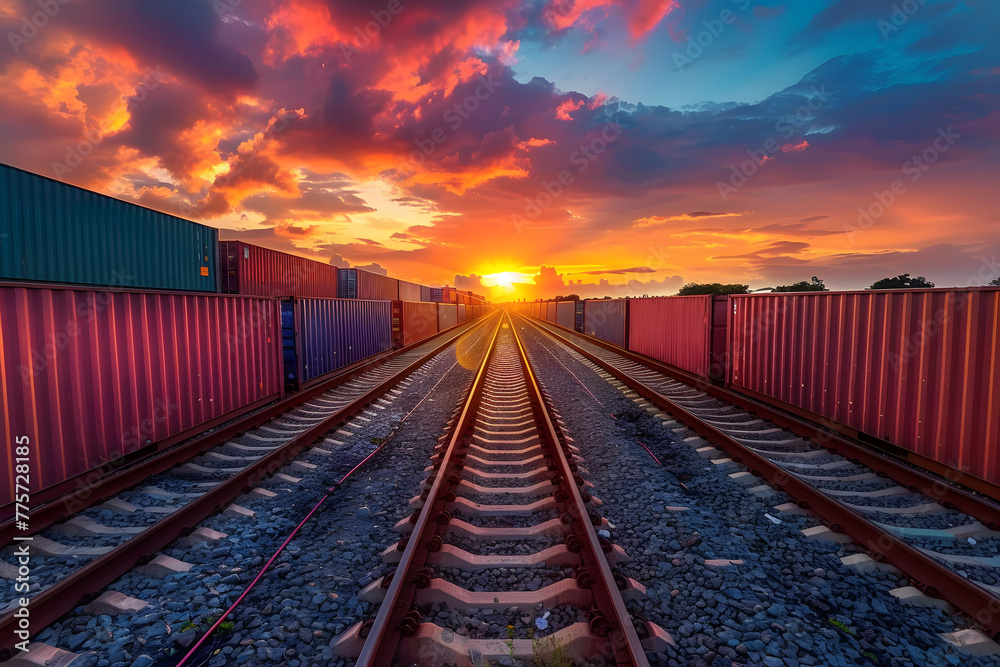 Breathtaking Sunset over Shipping Containers and Railway Tracks Breathtaking Sunset over Shipping Containers and Railway Tracks