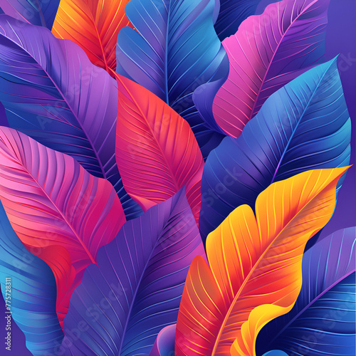 Colorful digital illustration of lush, tropical leaves in vibrant hues of purple, blue, and orange.