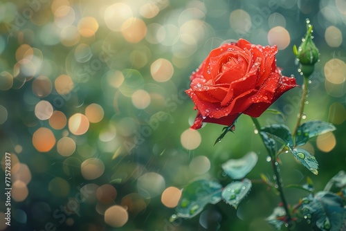 Red tea rose in raindrops on a blurred natural background