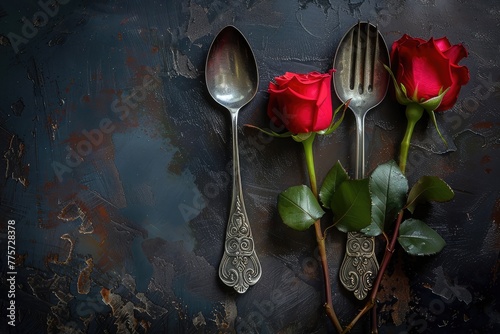 Red roses with spoon and fork