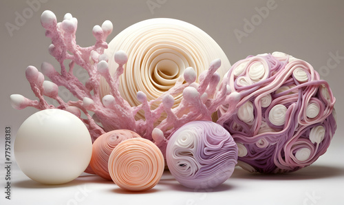 minimalist white, pink, purple and green sensory fantasy spheres, layered organic forms, delicate materials, soft and dreamy photo