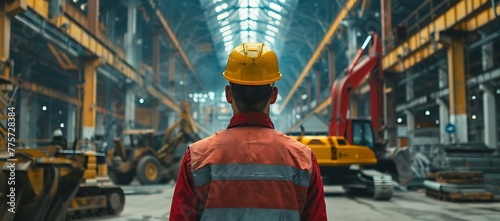 A construction worker wearing safety helmet and overalls stands in the middle of an industrial building, with heavy machinery such as cranes, tractors, excavators around him