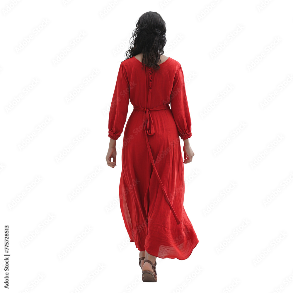 A walking young model dressed in a red outfit. displays her back perspective on a solitary white background.