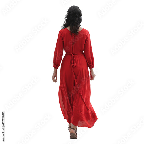 A walking young model dressed in a red outfit. displays her back perspective on a solitary white background.