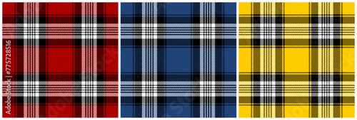 Red, dark navy blue and yellow tartan plaid pattern set. Vector seamless check pattern for plaid fabric, flannel shirt, blanket, clothes, skirt, tablecloth, textile.