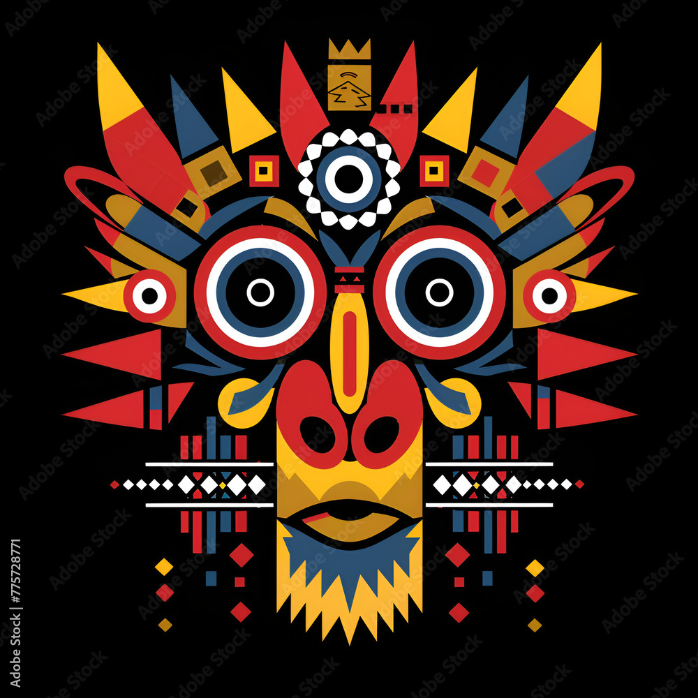 Colorful vector illustration of a stylized tribal mask with intricate patterns on a black background.