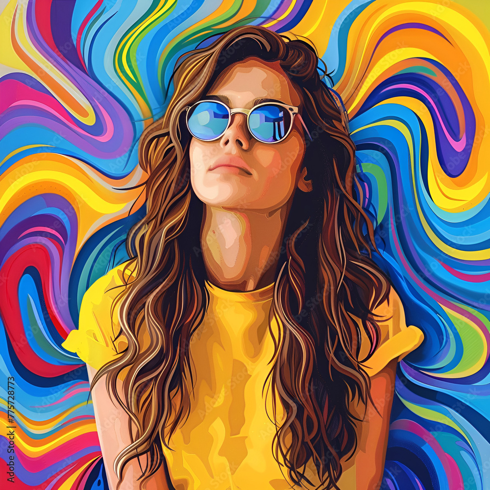 A digital illustration of a woman with sunglasses against a colorful swirl pattern backdrop. A digital illustration of a woman with sunglasses against a colorful swirl pattern backdrop.