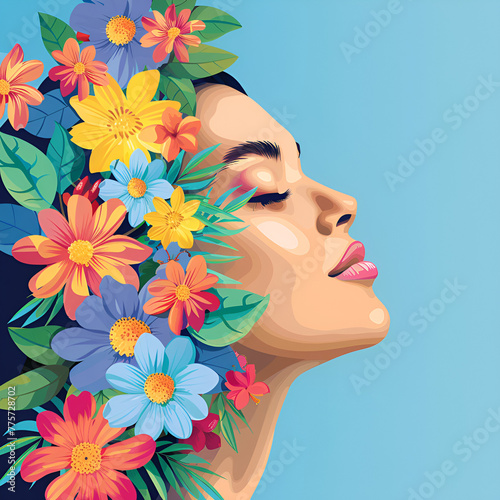 Illustration of a woman's profile adorned with vibrant flowers against a blue background.
