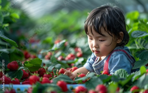 A young girl is looking at a bunch of strawberries. Scene is playful and innocent, as the girl is surrounded by the bright red fruit