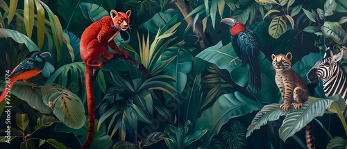  A red monkey in the jungle ,an orange parrot in front of him, green leaves and birds around them, a black panther sitting behind a zebra in the top right corner, jungle background photo