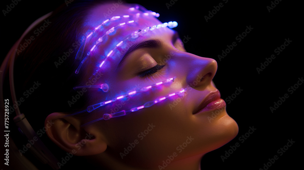 Naklejka premium Led mask light skincare therapy woman's face glows under the advanced LED light therapy mask, a cutting-edge skincare technology designed to rejuvenate and heal the skin.