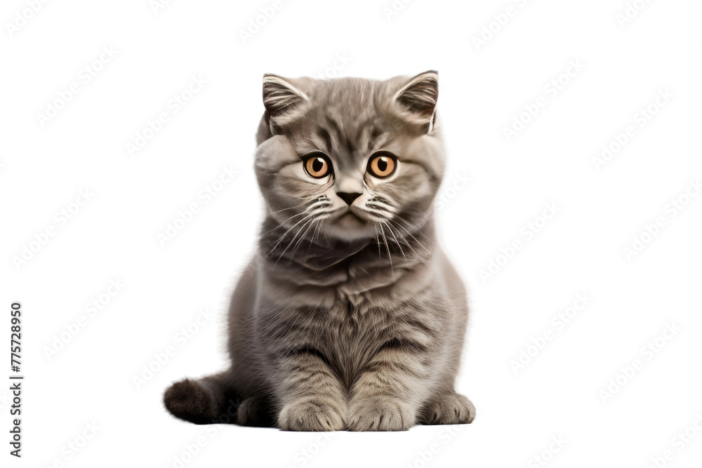 The Serenity of a Small Gray Kitten Atop a White Floor. White or PNG Transparent Background.