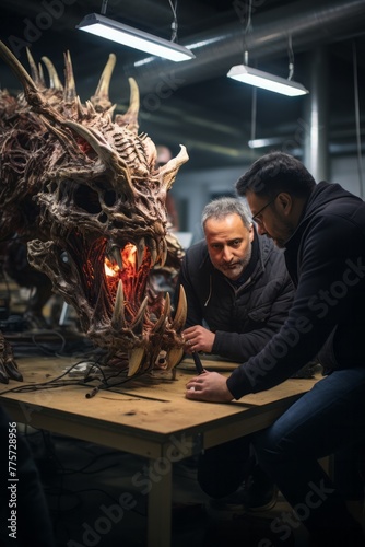 Two male artists are actively involved in sculpting a large dragon figure. They are focused on shaping the details of the sculpture, using tools and materials to bring the mythical creature to life photo