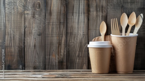 disposable paper cups, plates, and cutlery arranged on a rustic wooden background, showcasing sustainable dining options for gatherings and events.