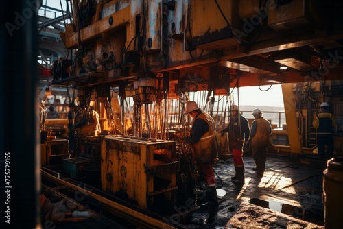 A group of men are working together in a factory, adjusting the angle of a drilling rig. The men are focused and engaged in their task, ensuring the machine is set up correctly for operations