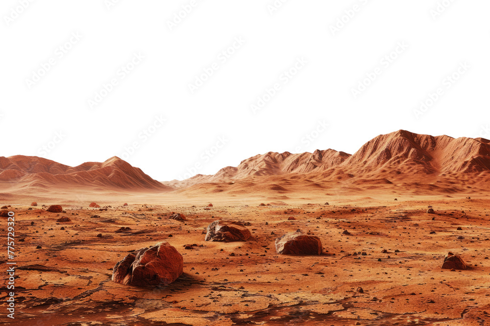 Martian landscape isolated on transparent background. Barren desert surface of red planet
