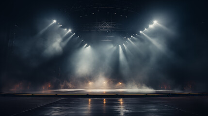 Dark background spotlight on empty studio room. Empty  studio room with smoke float up interior texture for display products  background.