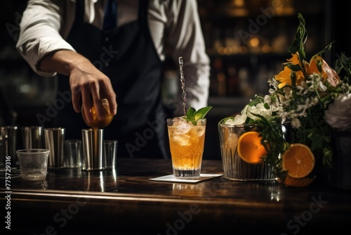 A bartender is expertly creating a cocktail at a bar, pouring and mixing various ingredients with precision and skill. Generative AI