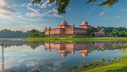 The Seri delum Palace in Howard Hill, Malay crowd overlooking the building from across Lake TKC at dawn with clear skies and calm waters reflecting its beauty photo