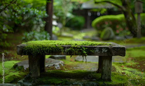 Moss on a bench in a Japanese garden Selective photo