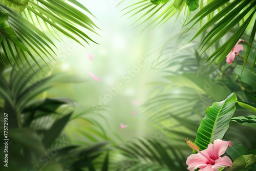 Palm tree leaves and flowers framing a tropical scenery. Slide background image. Created with Generative AI technology.
