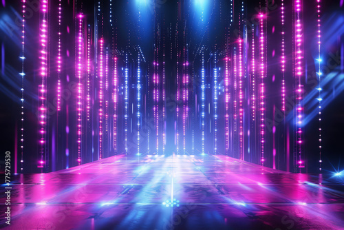 Futuristic tunnel illuminated by neon lights and laser beams. Abstract technology background
