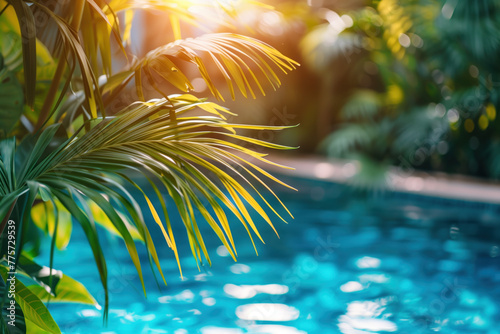 Palm tree leaves framing a tropical background with pool. Created with Generative AI technology.